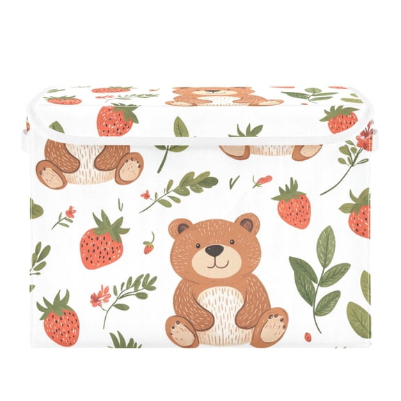Cute Bears with Leaves Strawberries Foldable Storage Bin with Lid and Handle Collapsible Storage Box 16.5 x 12.6 x 11.8 inches