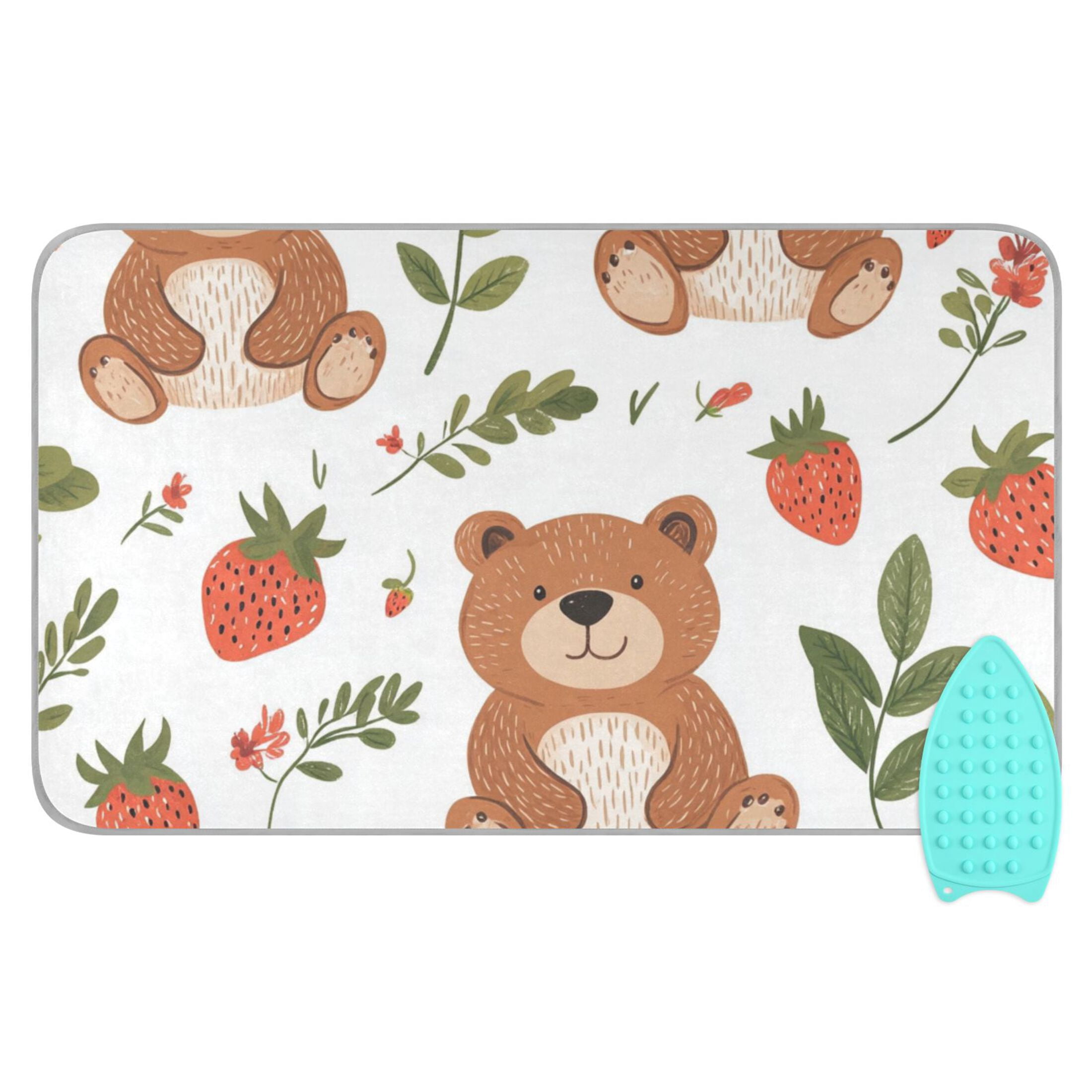 Cute Bears with Leaves Strawberries Ironing Mat Blanket Portable Travel Ironing Pad Heat Resistant Pad 47.2" x 27.6”