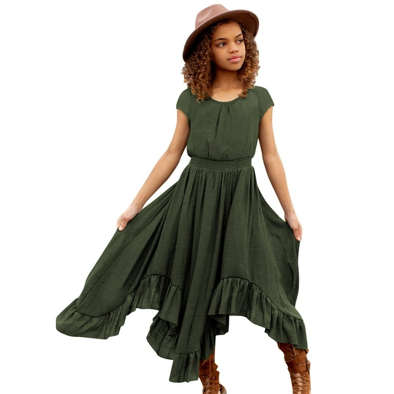 Cute Beauty Kids Little Girls Vintage Dress Solid Short Sleeve Swing Retro Rockabilly Dresses 7 12Y Party Dresses Irregular Clothes Comfortable for Girl Walmart