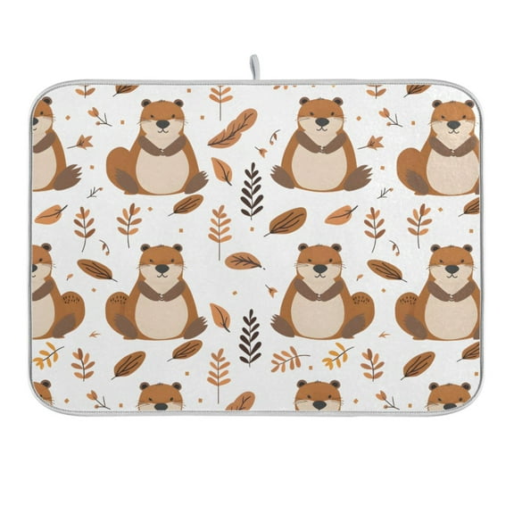 Cute Beaver and Leaf Dish Drying Mat 16x18 Absorbent Microfiber Draining Rack Pad for Kitchen Counter Sink