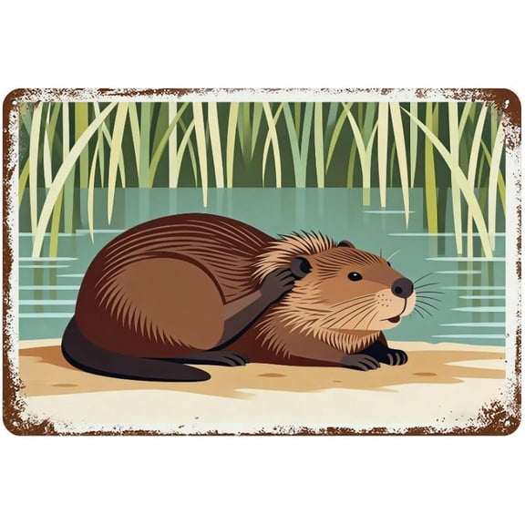 Cute Beaver at Wetland 8x12 Inch Metal Tin Sign, Minimalist Nature Wall Decor Plaque