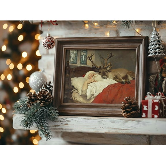 Cute Bedtime Santa Wall Art Canvas Artwork Wall Decor Sleepy Reindeer Prints Painting Art Prints Picture Home Nursery Christmas Bedroom Decoration No Frame