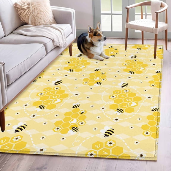 Cute Bee 4'x6' Rug for Dining Table for 4 People Under Table, Love Honeycomb Heart Yellow Background Non Slip Rectangle Area Rug, Machine Washable Indoor Outdoor Mat