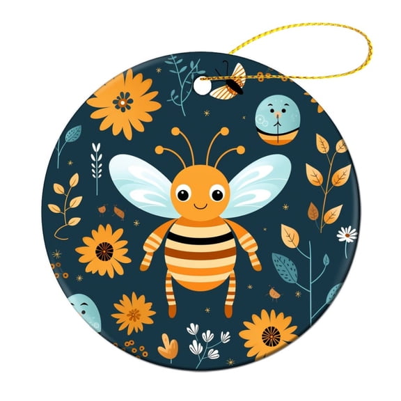 Cute Bee And Flower Christmas Ceramic Ornament Cute Cartoon Bumble Bee Customized Round Ceramic Ornament Best Gifts for Christmas for Family Friend