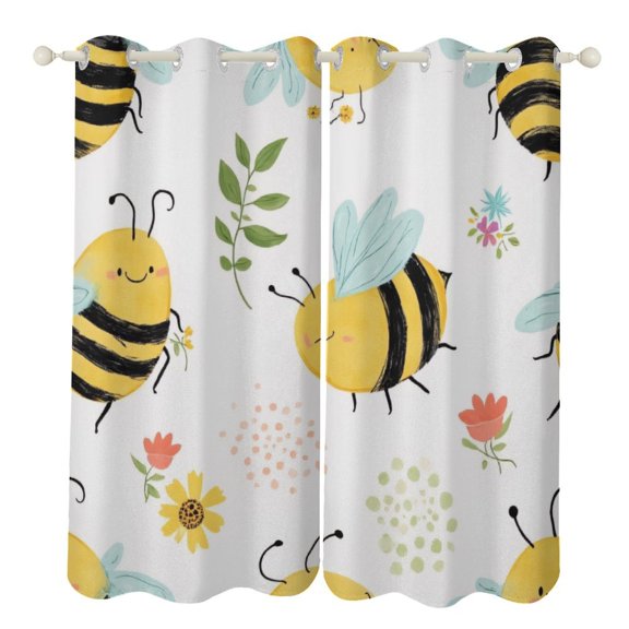 Cute Bee And Flower Pattern 2 Panels 3D Printing Pattern Curtain for Bedroom Living Room Kitchen Window Decoration Home