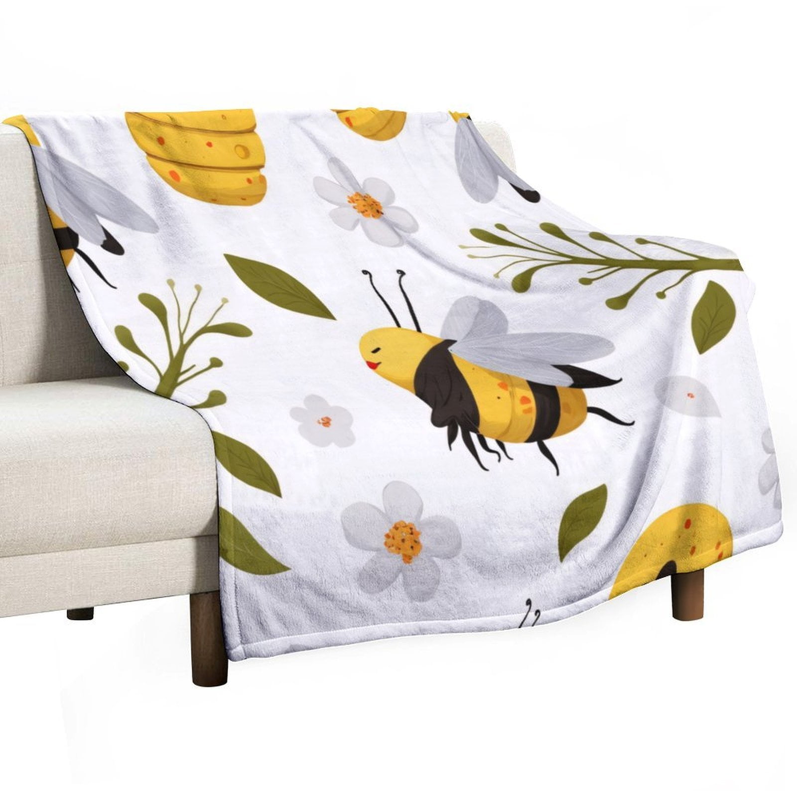 Cute Bee And Flower Pattern Throws Blankets for Sofa Bed Winter Plush