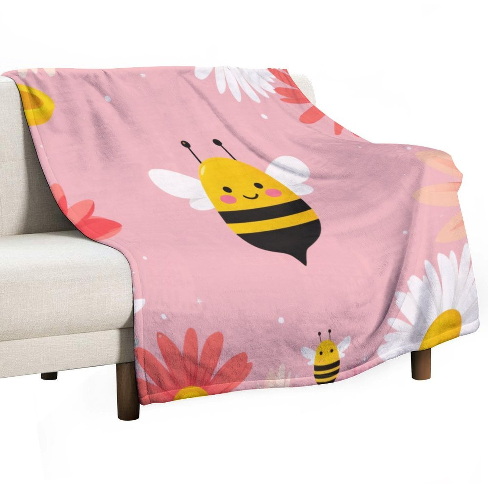 Cute Bee And Flowers Pattern Throws Blankets for Sofa Bed Winter Plush