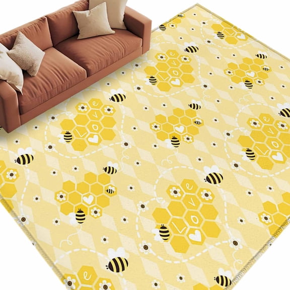 Cute Bee Area Rug 5x7ft Love Honeycomb Heart Yellow Background Non-Slip Washable Square Rugs Soft Felt Indoor Floor Mat for Bedroom Kitchen Living Room Bathroom