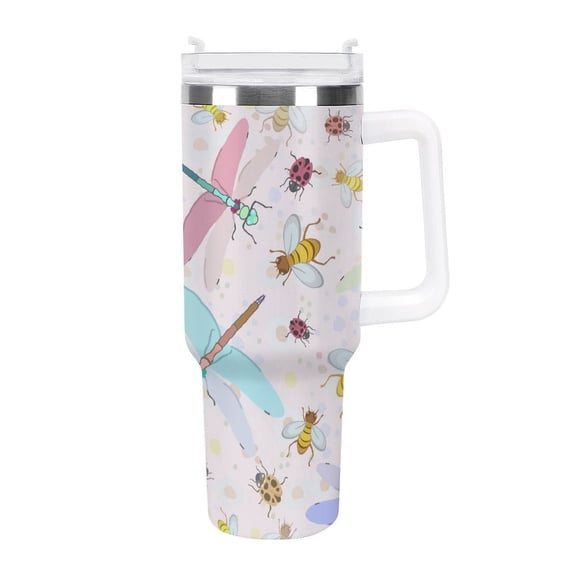Cute Bee Dragonfly 40 Oz Tumbler with Handle and Straw Lid, Stainless Steel Insulated Travel Coffee Mug, Vacuum Insulated Water Bottle for Home, Office, Car, Keep Hot/Cold for Hours