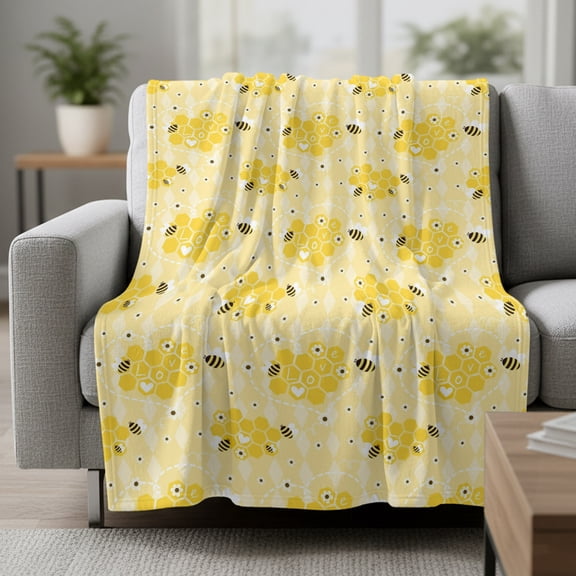 Cute Bee Fleece Throw Blanket Love Honeycomb Heart Yellow Background Ultra Soft Fuzzy Cozy Flannel Throw Blanket for Couch Sofa Bed Car Travel, Ideal Gifts 30x40 Inches