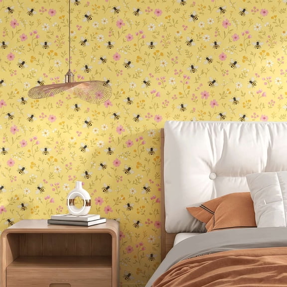 Cute Bee Floral Stick Wallpaper, Boho Farmhouse Whimsical Wall Art Wall Decor Art Print, Home Wall Decoration for Bedroom Living Room Dorm Room