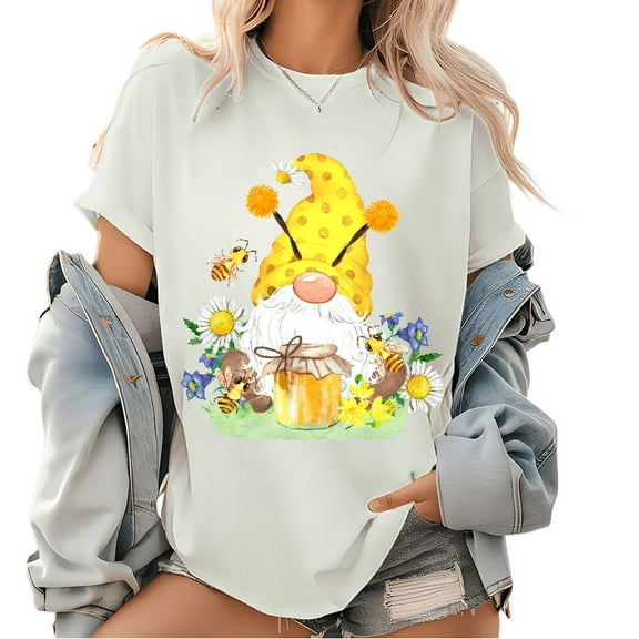 Cotton Honey Bee Gnome T-Shirt - Watercolor Lemon & Honeycomb Cottagecore Tee Spring Summer Garden Graphic Tops for Women