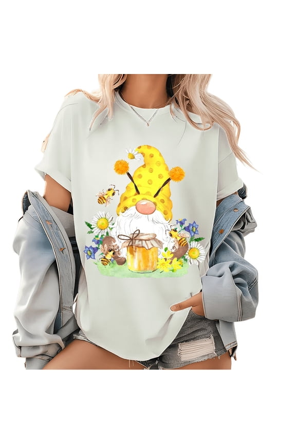 Honey Lemon Bee Gnomes Pattern T Shirts Watercolor Design Classy Cotton Graphic Tops Honey Bee Gnomes Graphic Tees White,3XL