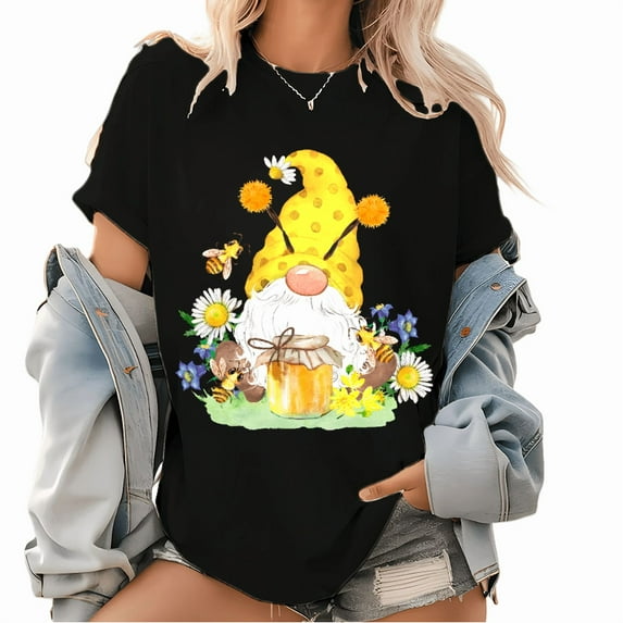 Honey Lemon Bee Gnomes Pattern T Shirts Watercolor Design Classy Cotton Graphic Tops Honey Bee Gnomes Graphic Tees Black,S
