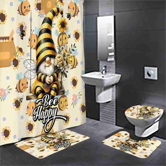 Cute Bee Gnome with Sunflowers and Honey 4-Piece Shower Curtain Set with Bath Mats and Toilet Lid Cover for Bathroom Decor