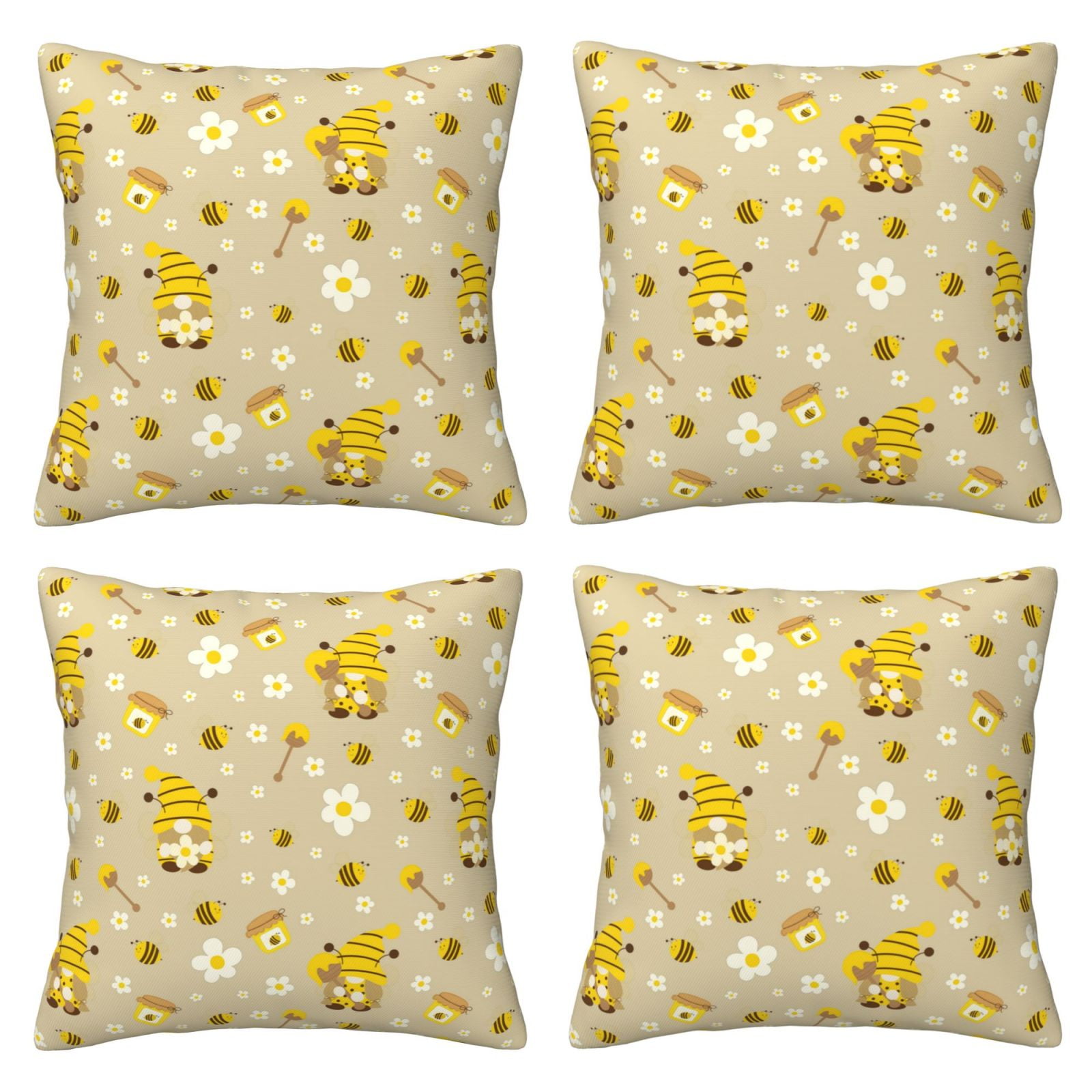 Cute Bee Gnomes Decorative Throw Pillow Covers 4 Packs, Pillow Covers