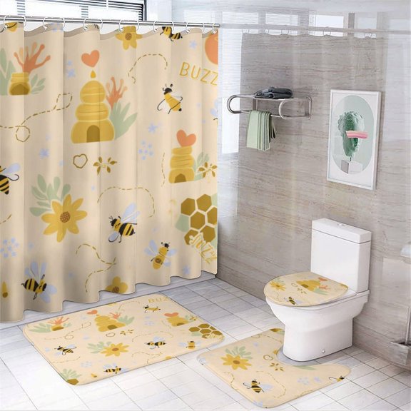 Cute Bee Hive Pattern Shower Curtain Sets Non-Slip Rugs Bath Mat Toilet Cover U Shaped Mat 4 Pcs