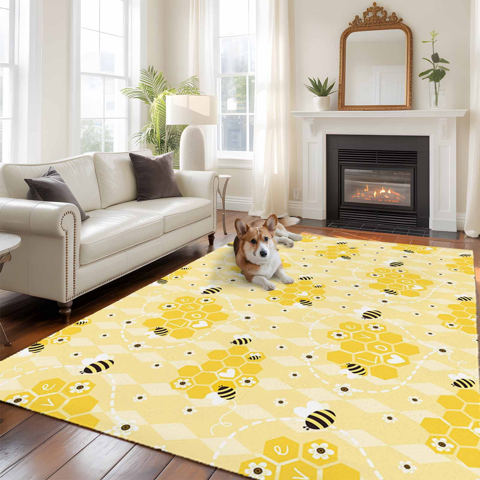 Bee Yellow Rug Cute Bee Large Area Rugs 6x9 ft Love Honeycomb Heart Yellow Background ...