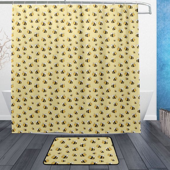 Cute Bee Pattern Bathroom Accessory Sets Waterproof Shower Curtain with Absorbent Non-Slip Rug