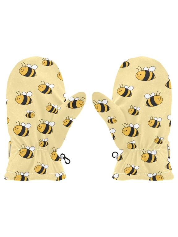 Cute Bee Pattern Cold Weather Mittens Warm Thick Fleece Lined Adjustable Snow Outdoor Winter Small Ages 2-4