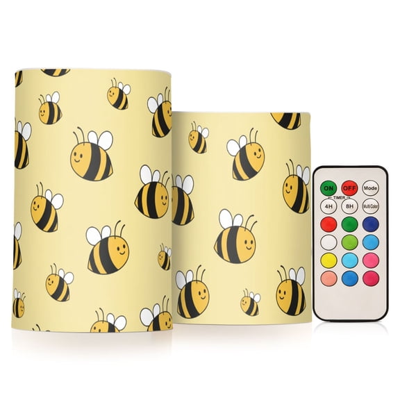 Cute Bee Pattern Flameless LED Candle Set with Remote, Battery Operated Color Changing Pillar Candles, Set of 2