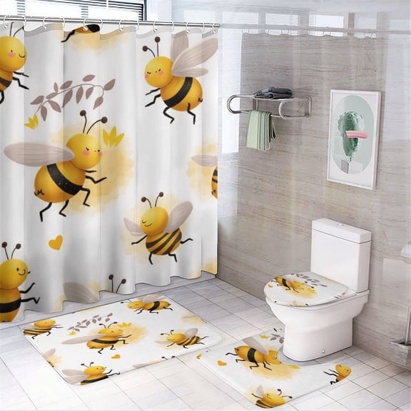 Cute Bee Pattern Shower Curtain Bathroom Sets Toilet Lid Rug, Bath Mat And Contour Mat, Shower Curtain 4Pcs