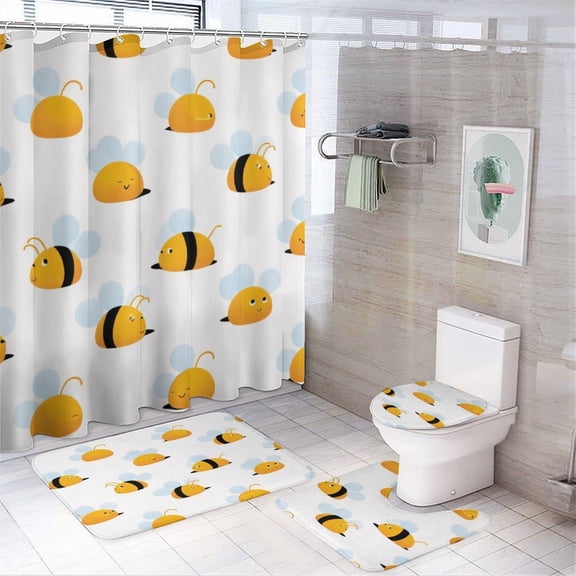Cute Bee Pattern Shower Curtain Bathroom Sets Toilet Lid Rug, Bath Mat And Contour Mat, Shower Curtain 4Pcs