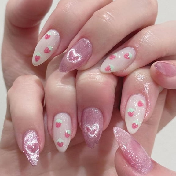 Cute Bee Press on Nails Medium Almond Fake Nails Yellow French Tip Acrylic Nails Glossy Full Cover Glue on Nails Reusable Artificial Stick on Nails for Women DIY Manicure Decoration Yellow Heart Cat