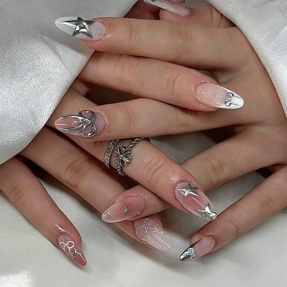 Cute Bee Press on Nails Medium Almond Fake Nails Yellow French Tip Acrylic Nails Glossy Full Cover Glue on Nails Reusable Artificial Stick on Nails for Women DIY Manicure Decoration Yellow Bow Star
