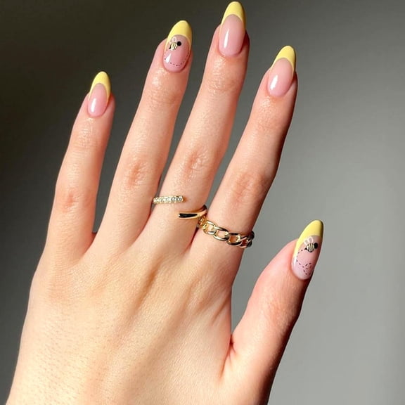 Cute Bee Press on Nails Medium Almond Fake Nails Yellow French Tip Acrylic Nails Glossy Full Cover Glue on Nails Reusable Artificial Stick on Nails for Women DIY Manicure Decoration Yellow Yellow