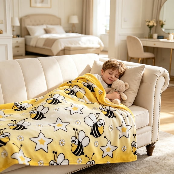 Cute Bee Print Flannel Throw Blanket, Soft Cozy Lightweight Bed & Couch Cover (100x150cm)