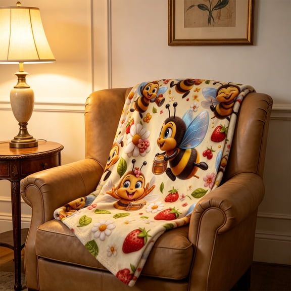 Cute Bee Print Flannel Throw Blanket, Soft Cozy Lightweight Bed & Couch Cover (100x150cm)