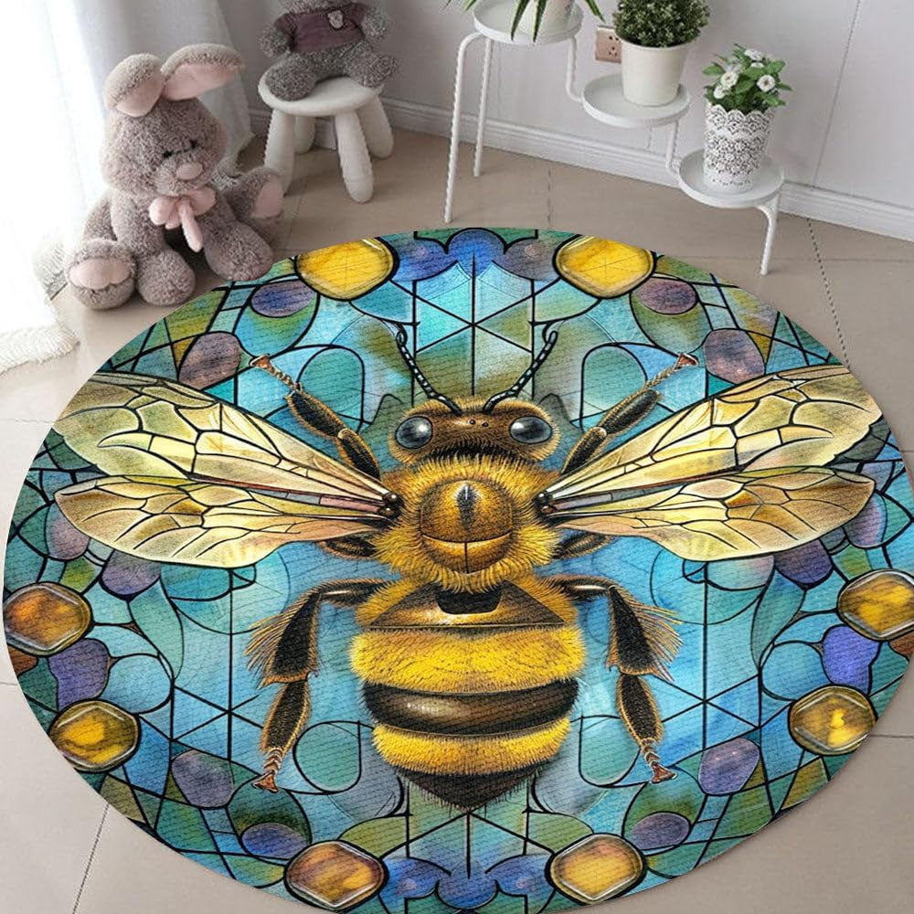 Sunroom Rugs Cute Bee Print Round Rug, animal area carpet for living room or sunroom ...