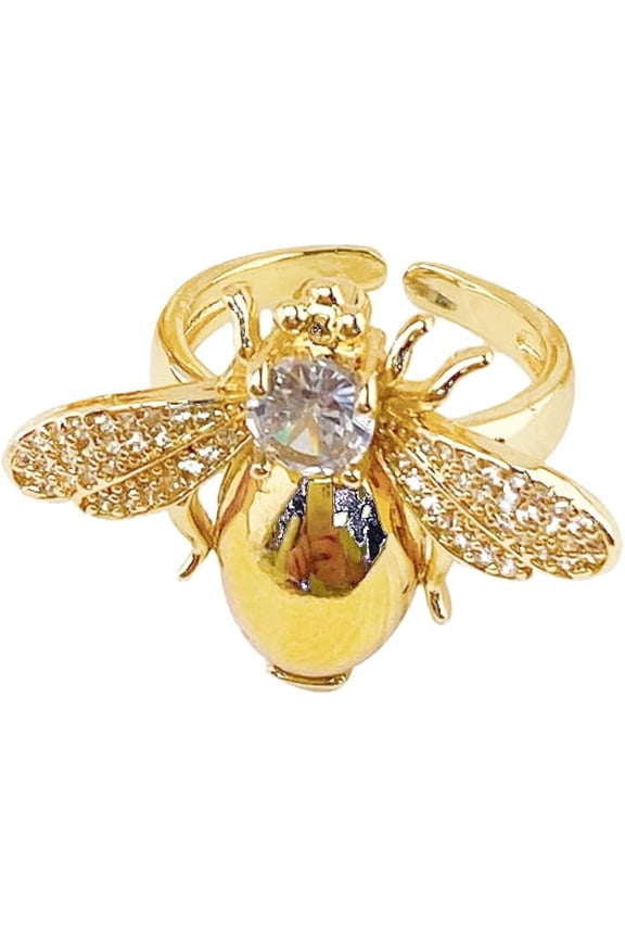 Cute Bee Ring for Women Gold Plated Adjustable Honeybee Rings Dainty Cubic Zirconia Crystal Animal Jewelry Stackable Promise Band Comfort Fit Fashion Wedding Holiday