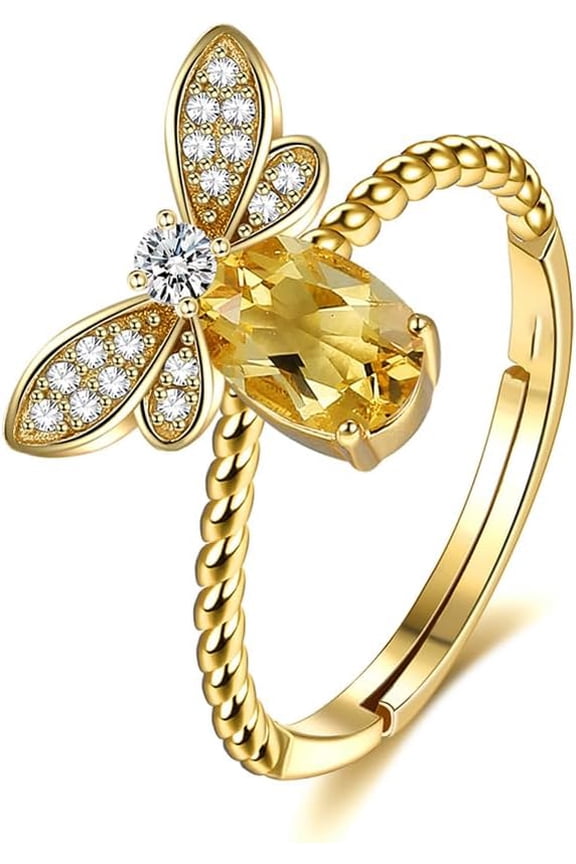 Cute Bee Ring for Women Cubic Zirconia Honeybee Open Statement Rings Engagement Eternity Promise Ring Adjustable Band 14K Gold Plated