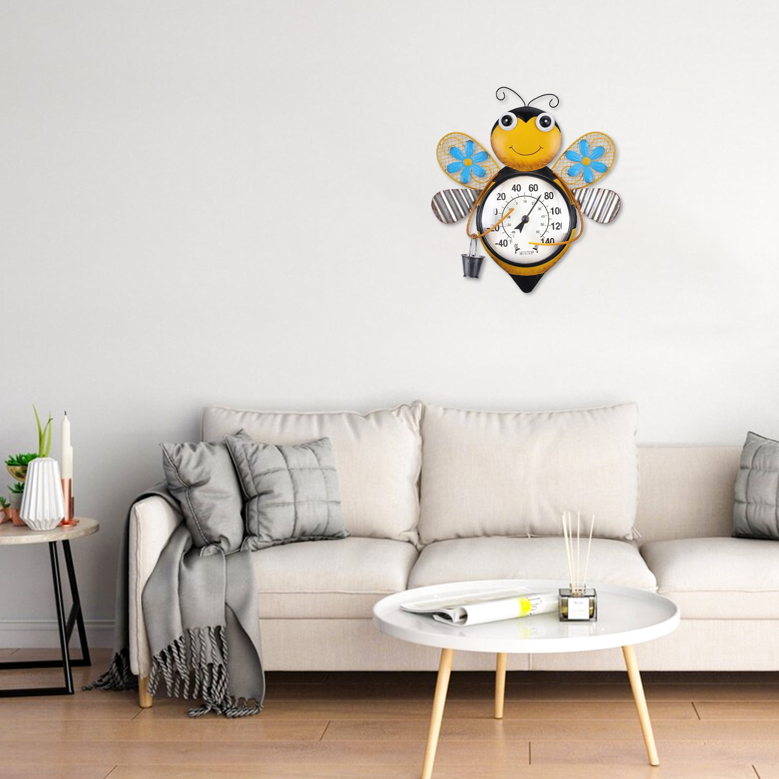 Cute Bee Shaped Wall Thermometer,Decorative Indoor/Outdoor Temperature Gauge with Metal & Glass Design for Patio, Garden & Home