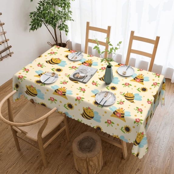 Cute Bee and Sunflower Pattern Tablecloth Rectangle Waterproof Spill-Proof Table Cloth Cover For Kitchen Dining Farmhouse Party Wedding Outdoor Picnic Camping 54x72in