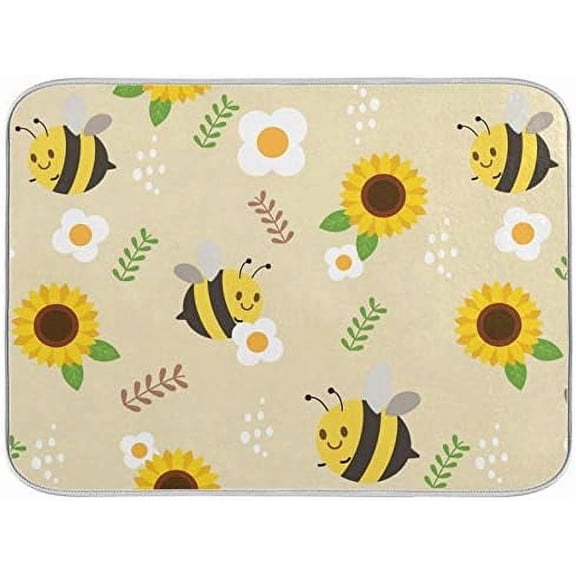 Cute Bee Sunflowers Dish Drying Mat Large Summer Flowers Fast Absorbent Tableware Pad Baby Bottle Rack Drainer Mats Heat Resistant Kitchen Sink Counter Decor 18x24 inches