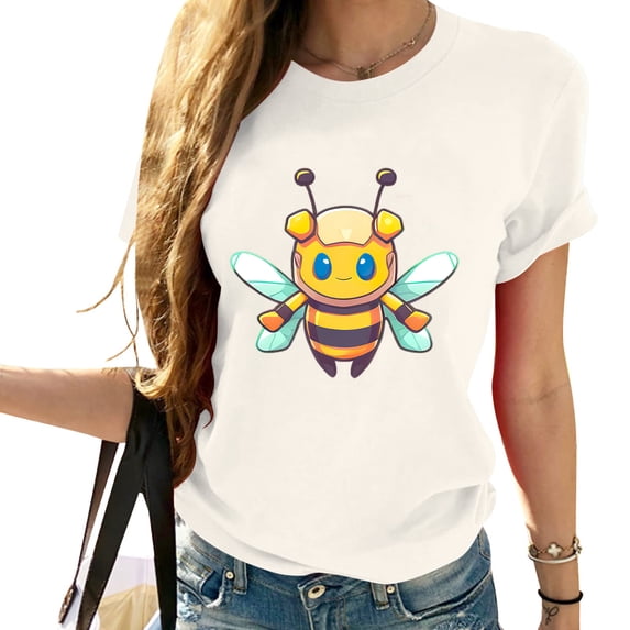 Cute Bee Women's Casual Graphic T-Shirt Short Sleeve Tops with Vintage Print - Perfect Halloween or Birthday Gift White