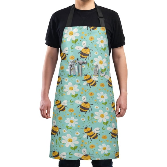 Cute Bee and Daisies Kitchen Apron with 2 Pockets Adjustable waterproof Cooking Aprons for Women Men Chef