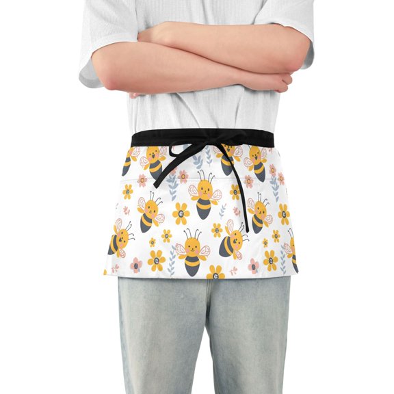 Cute Bee and Flower Server Apron with 3 Pockets Waterproof Waitress Waist Short Apron for Man Woman 12 Inches