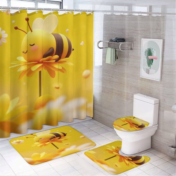 Cute Bee on Flower Shower Curtain Bathroom Sets Toilet Lid Rug, Bath Mat And Contour Mat, Shower Curtain 4Pcs