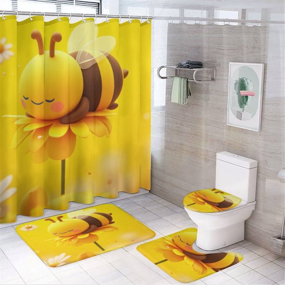 Cute Bee on Flower Shower Curtain Bathroom Sets Toilet Lid Rug, Bath Mat And Contour Mat, Shower Curtain 4Pcs