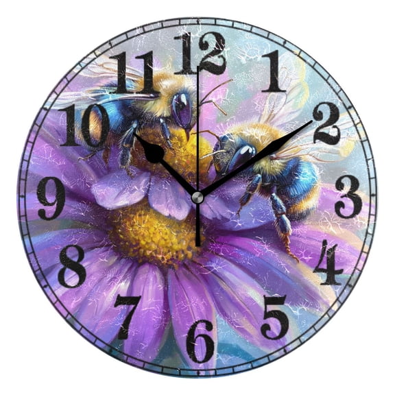Cute Bee on Flowers Silent Wall Clock 10" Non-Ticking Battery Clock
