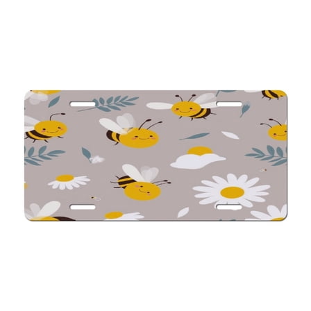 Cute Bees And Daisies Pattern License Plate Lightweight Aluminum Automotive Decoration Vanity Tag for Front Back Car 12x6 Inch