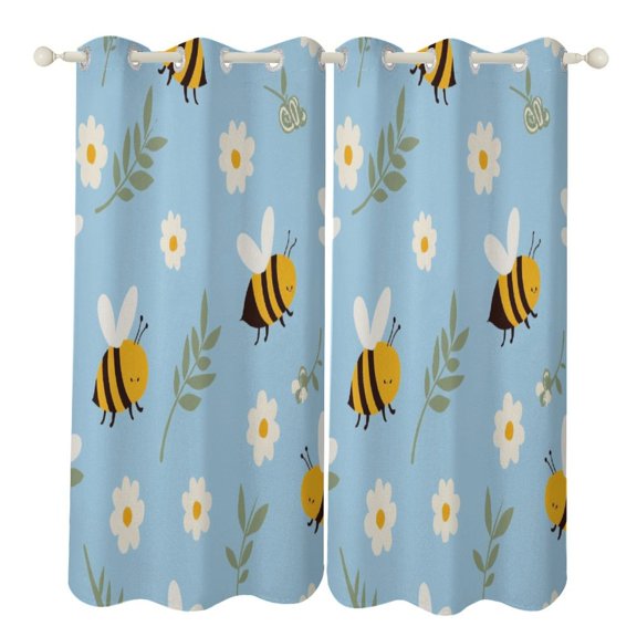 Cute Bees And Flowers Pattern 2 Panels Blackout Curtains for Bedroom Living Room Drapes Kitchen Room Window Blackout Curtain Grommet
