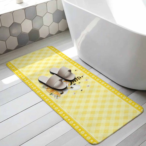 Cute Bees Bathroom Runner Rugs Non Slip Washable Absorbent Narrow Long Bath Mat Spring Daisy Flowers Gnomes Honey Yellow Plaid Runner Rugs for Kitchen Hallway Bedroom Laundry Study Room 31.5"x63"