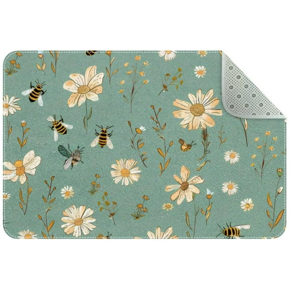 Cute Bees and Daisies Flowers on Green Background Entryway Rug, 2x3 Area Rug Indoor Door Mat Non-slip Washable Floor Carpet Rug for Bedroom Office Dining Room Bathroom