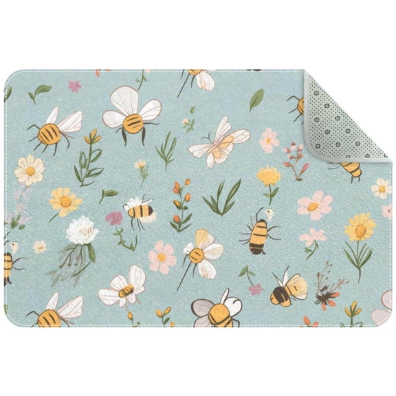 Cute Bees and Daisies on White Background Small Area Rug, Non-Slip Door Mat Indoor Floor Mat, Washable Kitchen Rug Entrance Door Mat for Bedroom Living Room