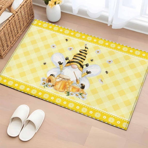Cute Bees Entryway Rug 2'x3' Non Slip Front Door Mats, Spring Daisy Flowers Gnomes Honey Yellow Plaid Entrance Rugs Indoor Outdoor Carpet, Washable Floor Mats Small Area Rug for Bedroom Kitchen